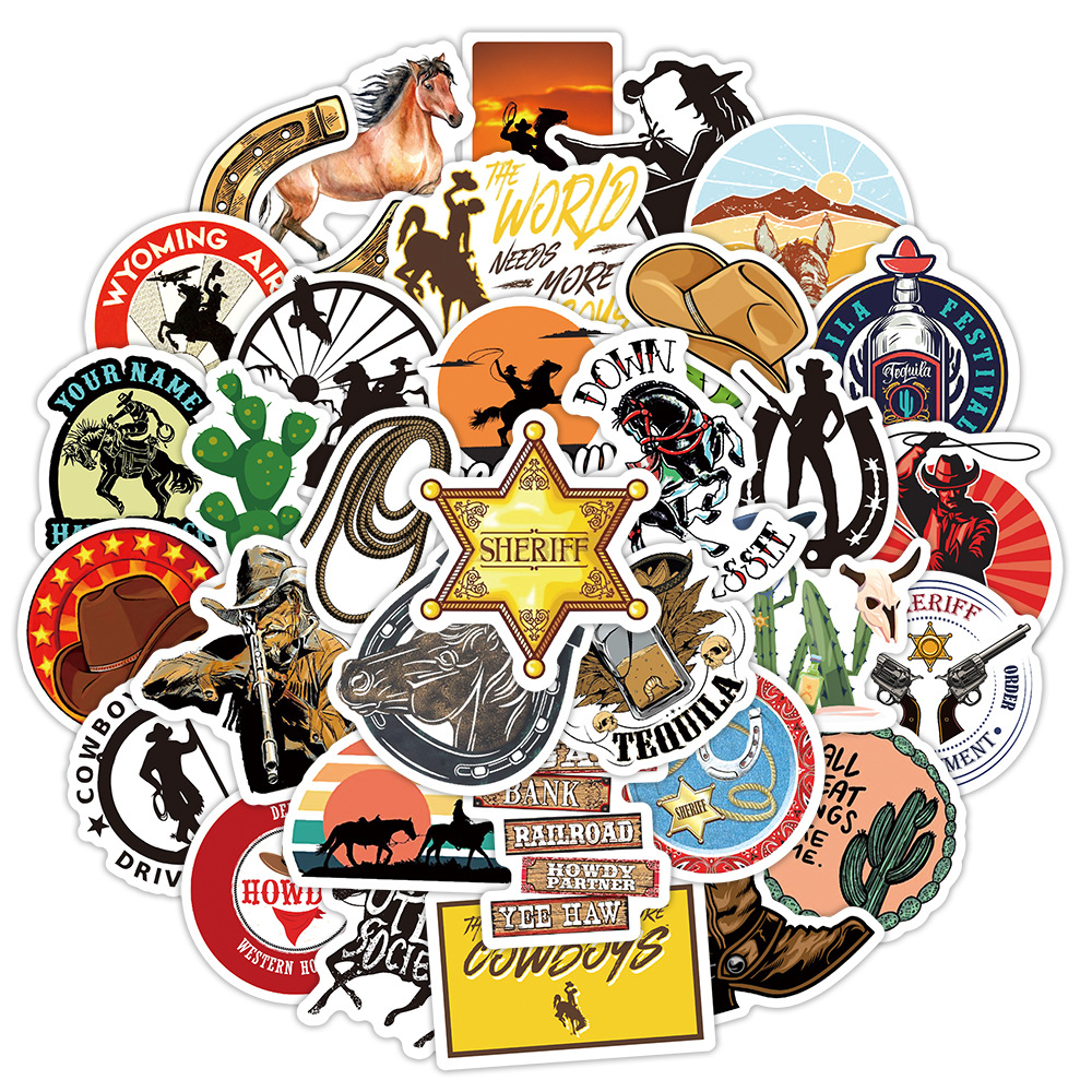 Newest 50PCS West cowboy sticker label custom reusable for Laptop Water Bottle DIY decoration