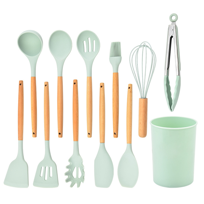 2021 Popular Spot Silica gel Wooden Handle 12 Pieces Cooking Kitchenware Set Non-stick Pan Shovel Spoon Kitchen Utensils