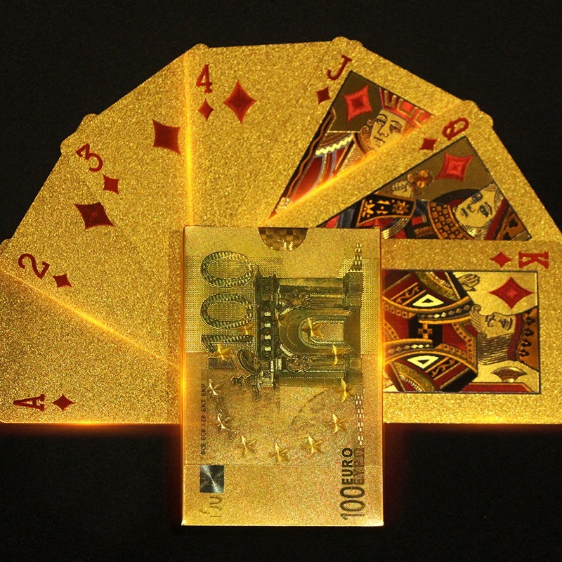 Gold waterproof PET/PVC plastic custom colorful gold playing cards in Euro and dollars