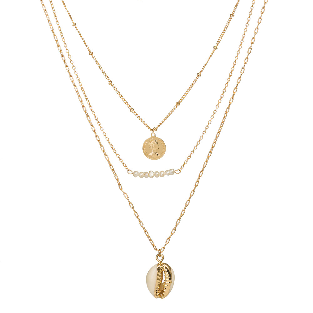 Retro Middle Ages Queen Elizabeth Portrait Coin Necklace Natural Shell Pearl Gold Plated Layered Dainty Necklace