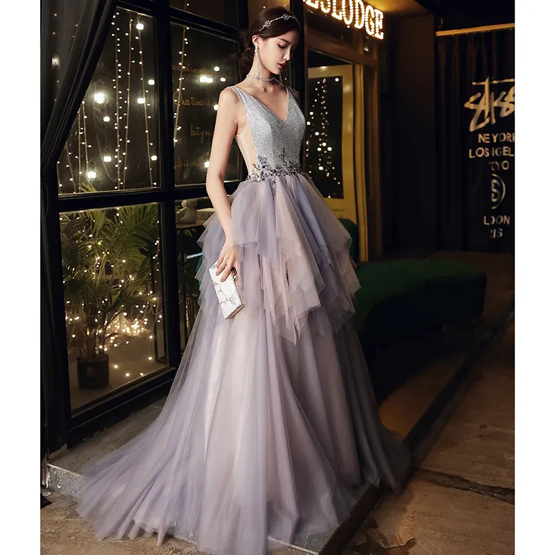 Strap Sleeveless Lacing Back Floor Length Purple Long Evening Dress Wedding Bridal Bridesmaid Dress