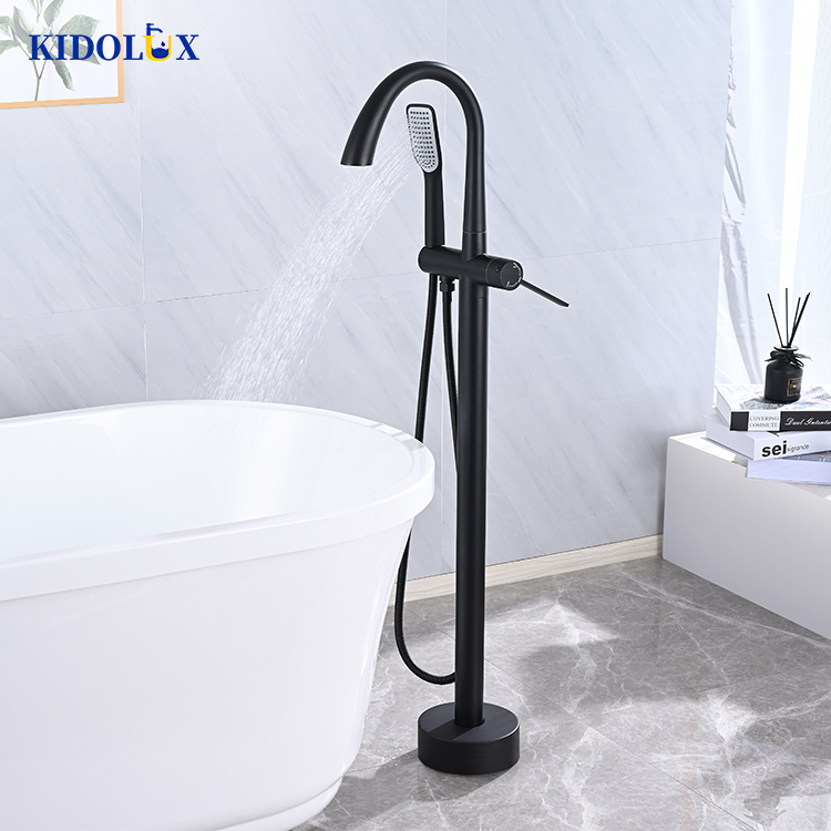 Custom Bathroom Matte Black Floor Mount Standing Copper Antique Bath Tub Faucet With Handheld Shower Head European Style