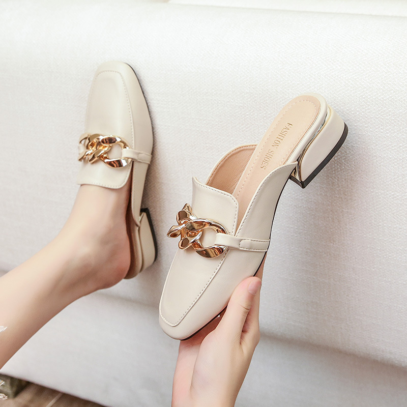 BUSY GIRL OMN2514 Shallow muzzle square head glitter sexy slim metal nightclub wedding pumps flats woman sandals mules