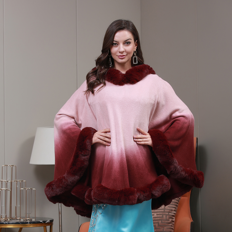 Mid-length Korean Version Of The Cloak Type Beltless Round Neck Solid Color Temperament Commuter Imitation Rex Rabbit Fur Collar