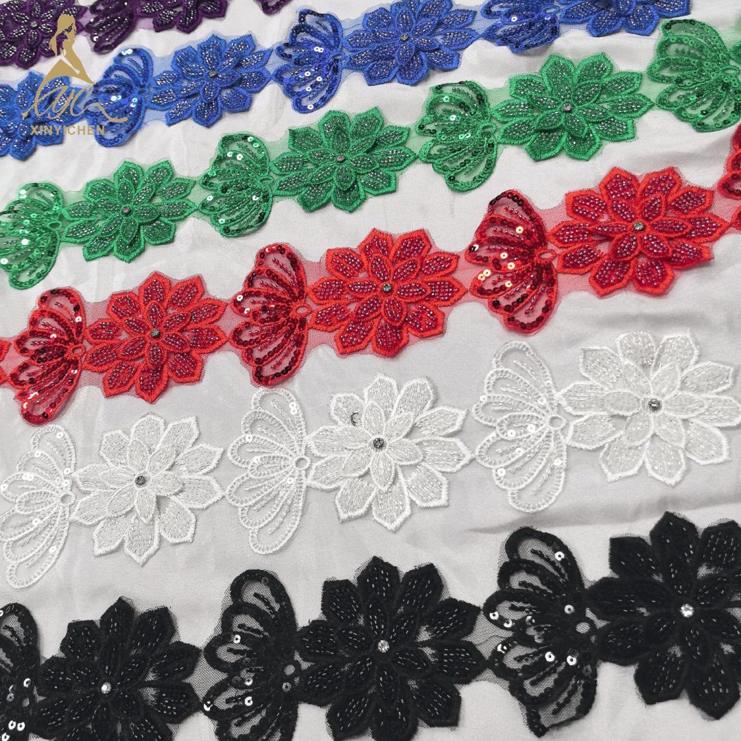 rhinestone 3d flower embroidery lace trim appliques and trimmings for clothing wedding dress lace trim