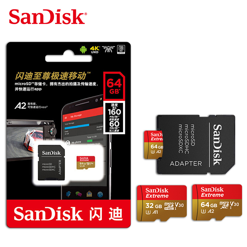 SanDisk A2 Extreme Micro SD карта 64 Гб U3 32 Гб Память V30 100 МБ/с./с класс 10 флеш-карта TF Поддержка 4K HD