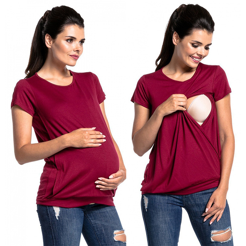 Maternity Clothes for Pregnant Women's Short Sleeve Pure Colour Tops Breastfeeding Nusring Maternity Clothes Pregnant Blouse