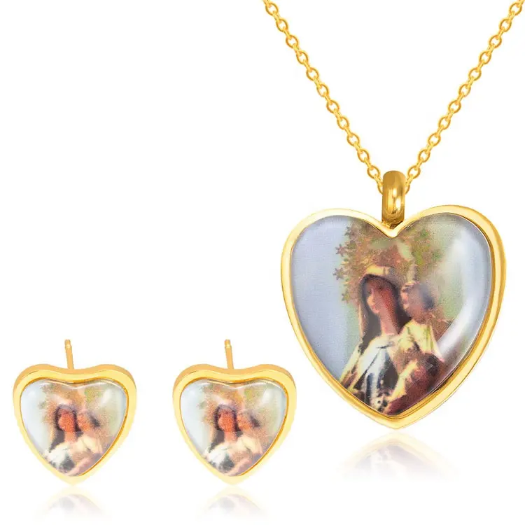 Customized Portrait Necklace Earrings Gold Plated Stainless Steel Pendant Women's Jewelry Set