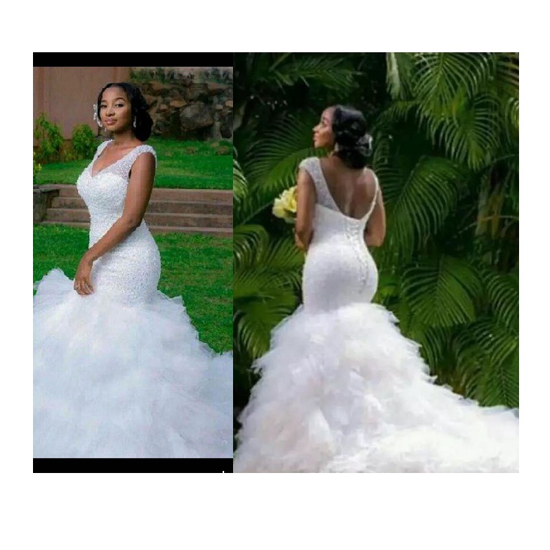 Customize African Bridal V Neck Sleeveless Sequin Ruffles Mermaid wedding dress