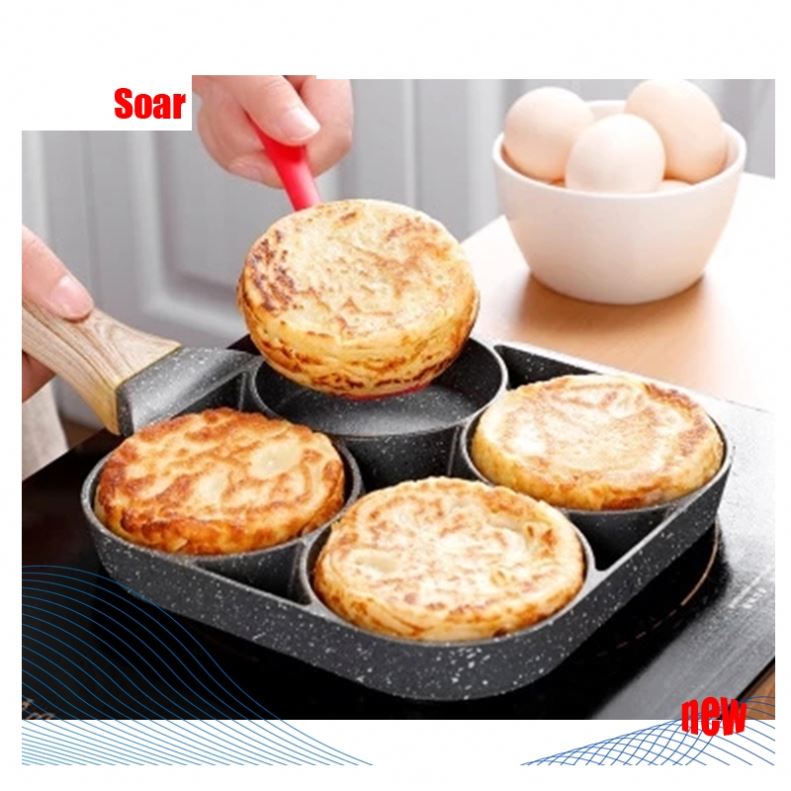 Four-Hole Omelet Pan Fried Egg Non-Stick Omelette Pancake Maker Wooden Handle Frying Pot Cooking Breakfast Grill