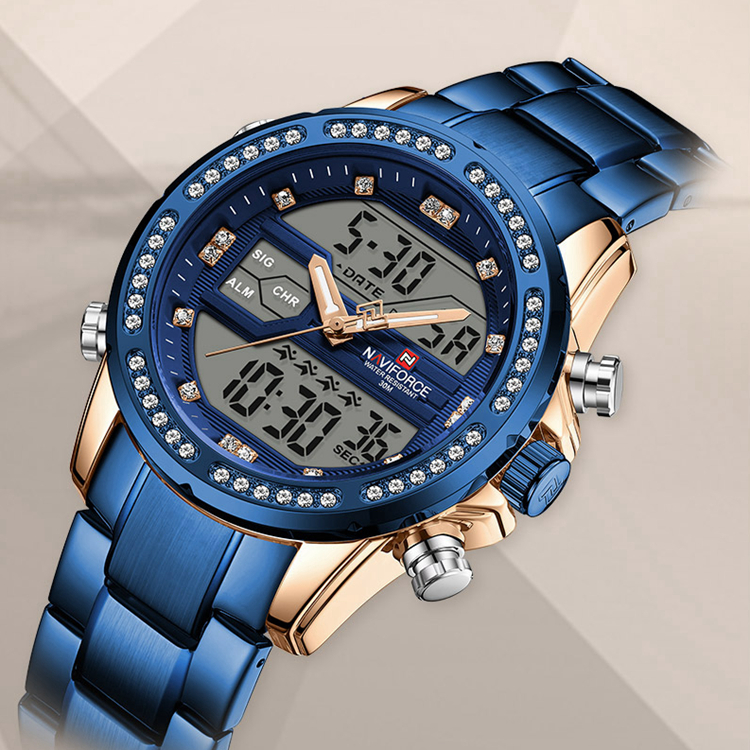 Мужские часы Naviforce 9190, водонепроницаемые спортивные наручные часы синего, розового, золотого цвета, двойной дисплей, СВЕТОДИОДНЫЕ Цифровые кварцевые часы из сплава