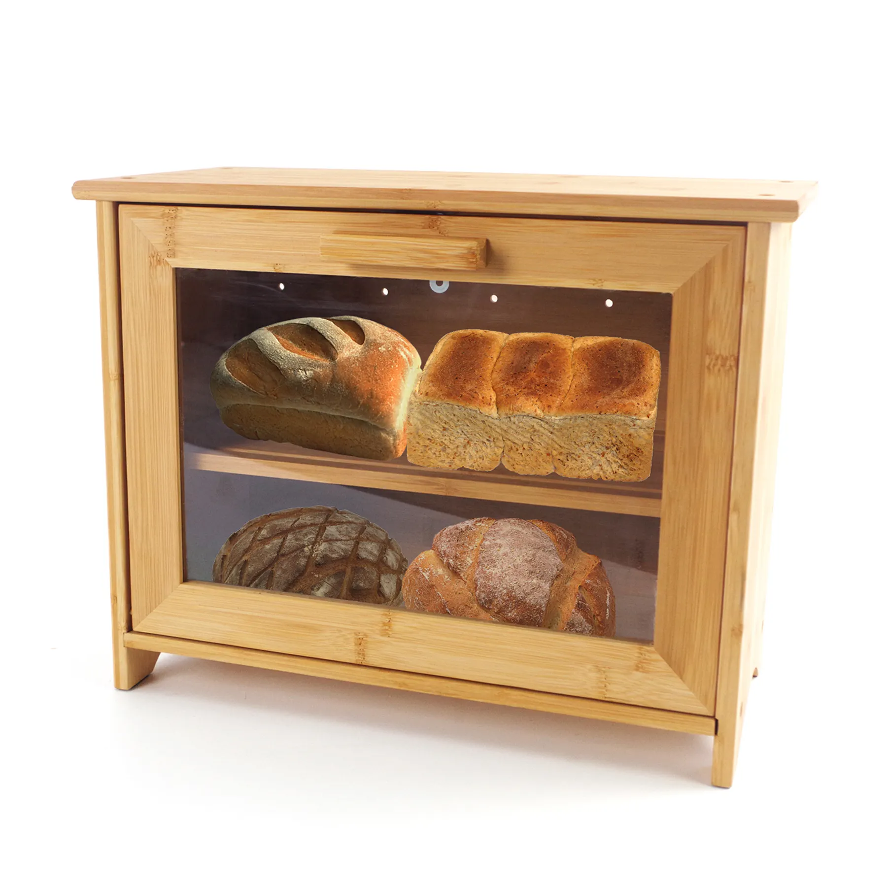 Bread Box Storage Box Bread Holder Kitchen Extra Large Double Layer Bamboo With Clear Front Window Farmhouse Style Bamboo Charge