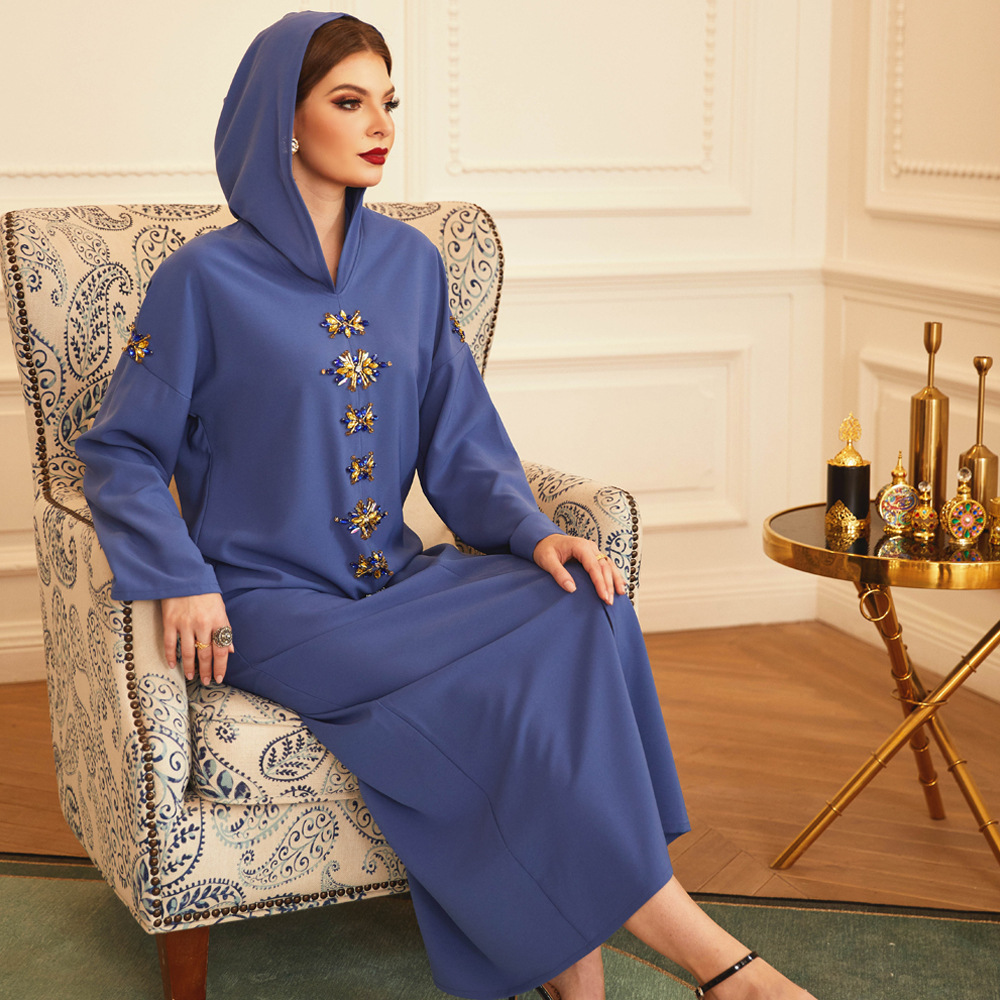 Embroidery Muslim Dress Islamic long Maix Dress hooded crystal Abaya dress Dubai Turkish Clothing
