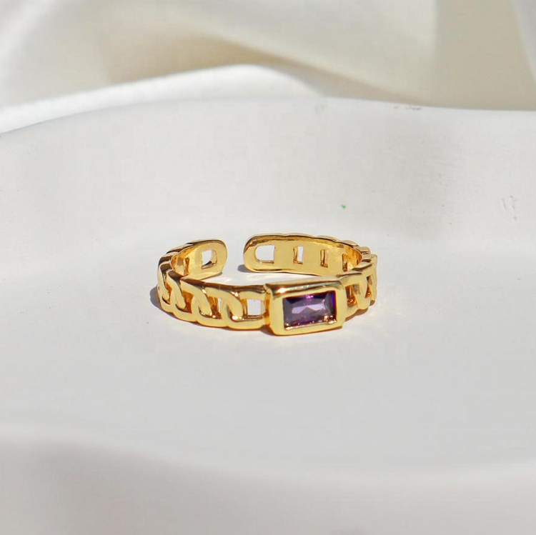 Fashion Violet Link Chain Ring 18K Gold Plated Finger Band Ring Cubic Zirconia Stainless Steel Jewelry Women Custom Ring