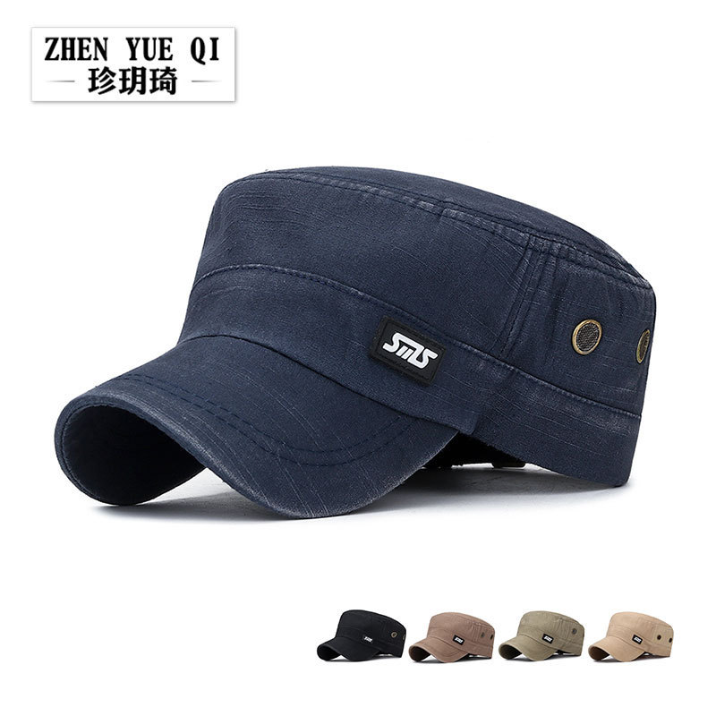 Plastic Raw Materials Zhenyueqi faded pure cotton slub washed military hat men's leather standard copper mesh flat topPC