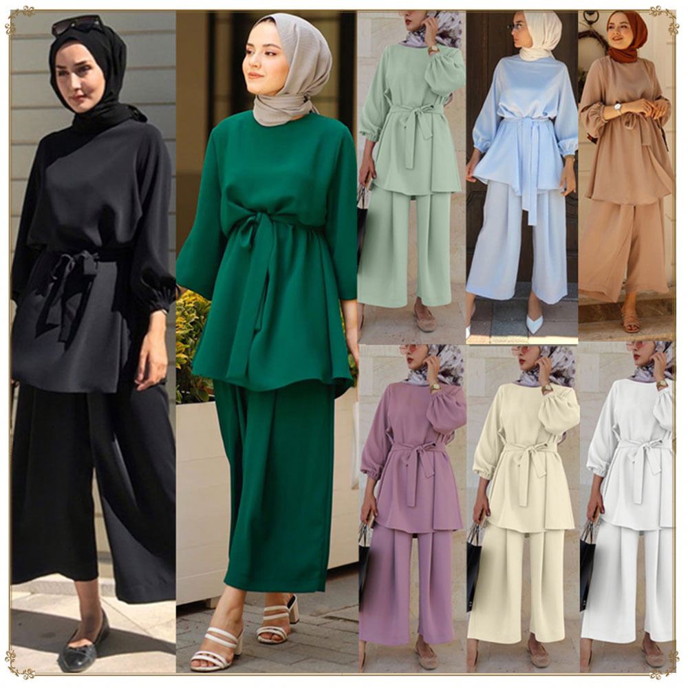 New Trendy Solid Tunic Pant Suit Muslim Women Clothing Tunics Islamic Clothing
