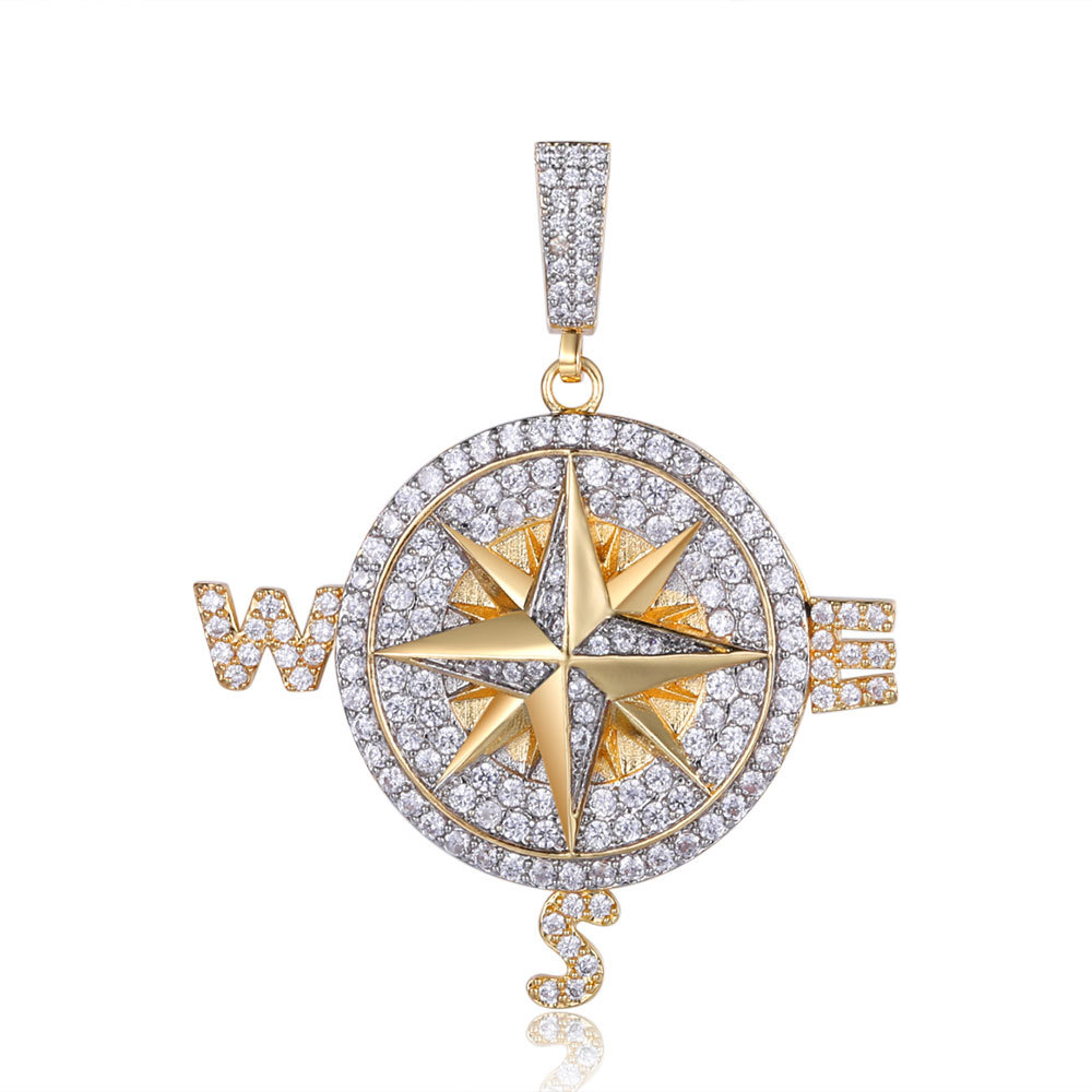 Brass cz micro pave gold plate hip hop men pendant compass