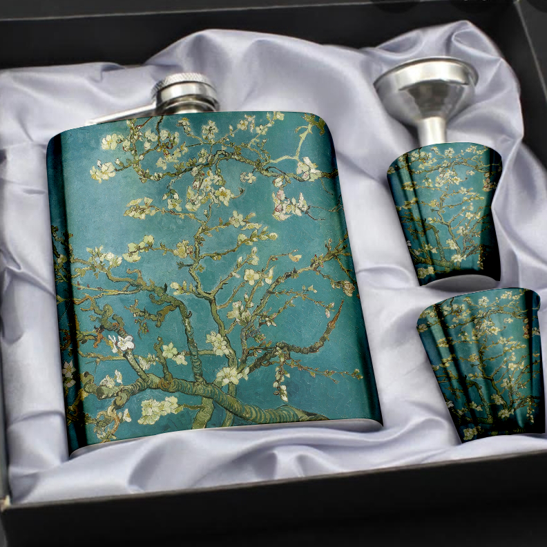Van gogh Stainless steel small hip flask portable russian wine liquor bottle set gift box Custom Klimt Monet Hip flask gift set