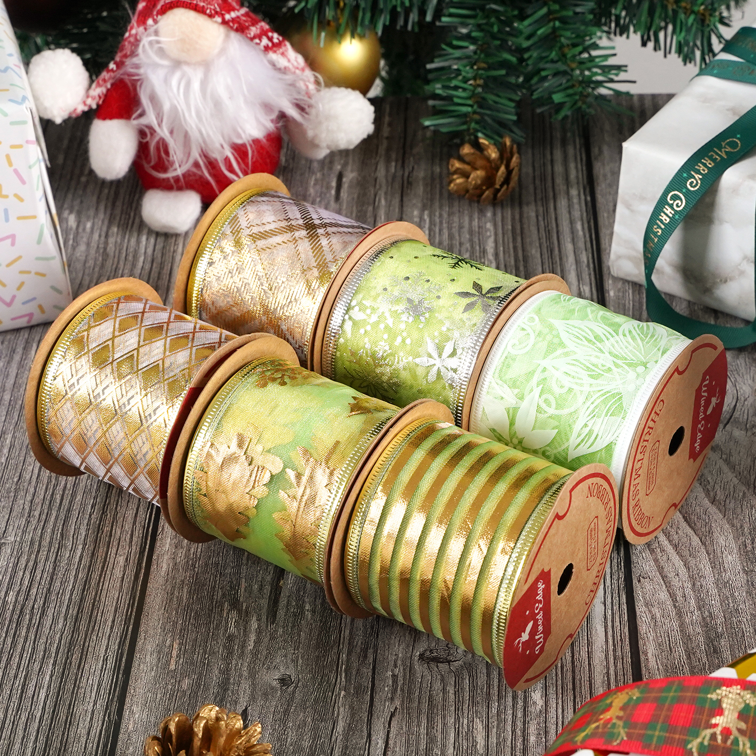 Huihuang Amazon Hot Sale Fast Delivery 6 Rolls/Set Wire Ribbon Christmas Wired Ribbon for Wreaths Bows Decoration