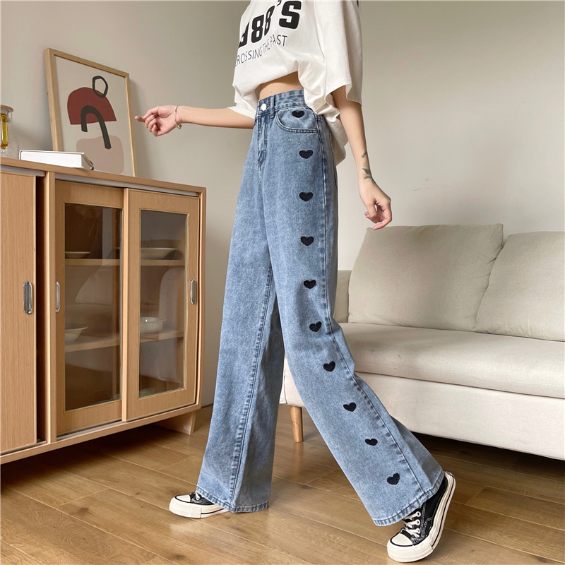 Spring and summer design love embroidery jeans women's straight chic Hong Kong-style wide-leg pants