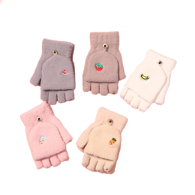 INS Hot Cartoon Fruit Embroidery Design Flip Winter Warm Gloves Fashion Cute Lovely Women Girls Daily Travel Cycling Gloves