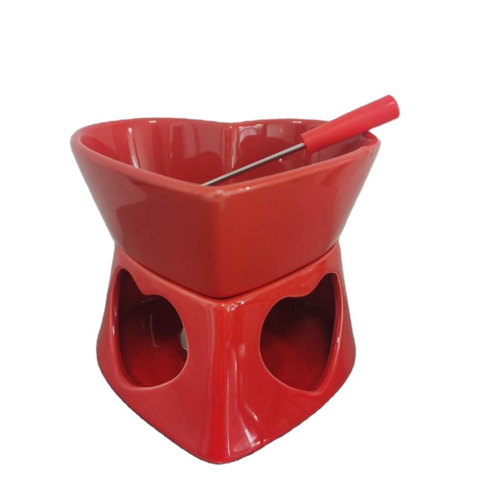 Delicate Love Shape Ceramic Fondue Set Cheese Hot Pot Bowl Melting Bowl Tray Home Kit