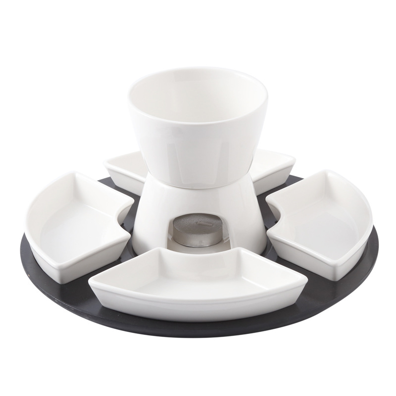 Chocolate Fondue Set Ceramic Butter Warmer Kit with 4 Forks Serving Trays Melting Hot Pot