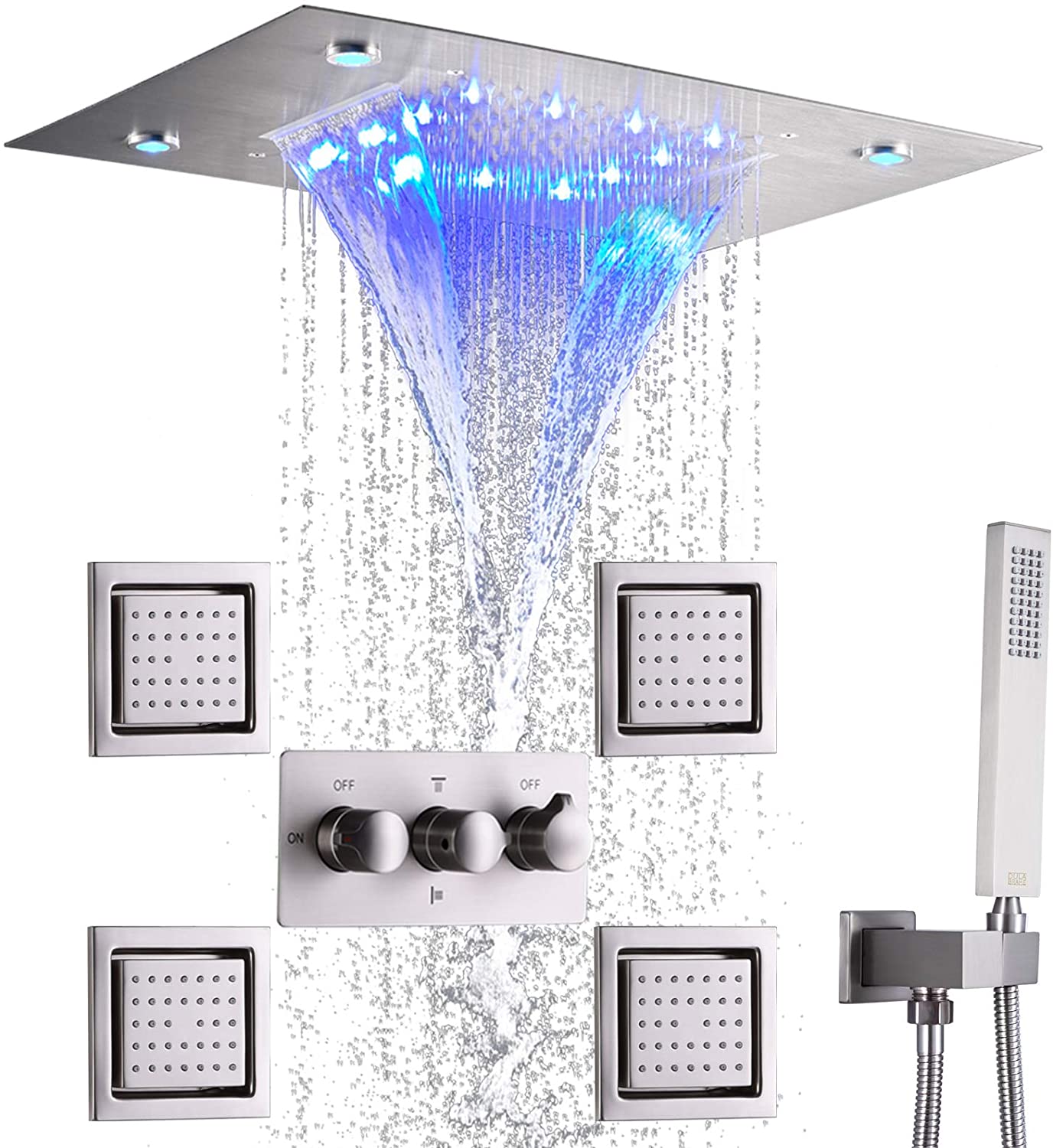 Brushed Nickel Rain Shower System Faucet Set Concealed Luxury Ceiling LED 14 X 20 inch Big Waterfall Rainfall Shower set