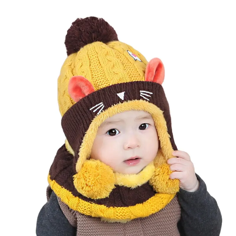 Lovely children plus velvet warm ear cap scarves  winter hat scarf two piece Embroidery knitting hats