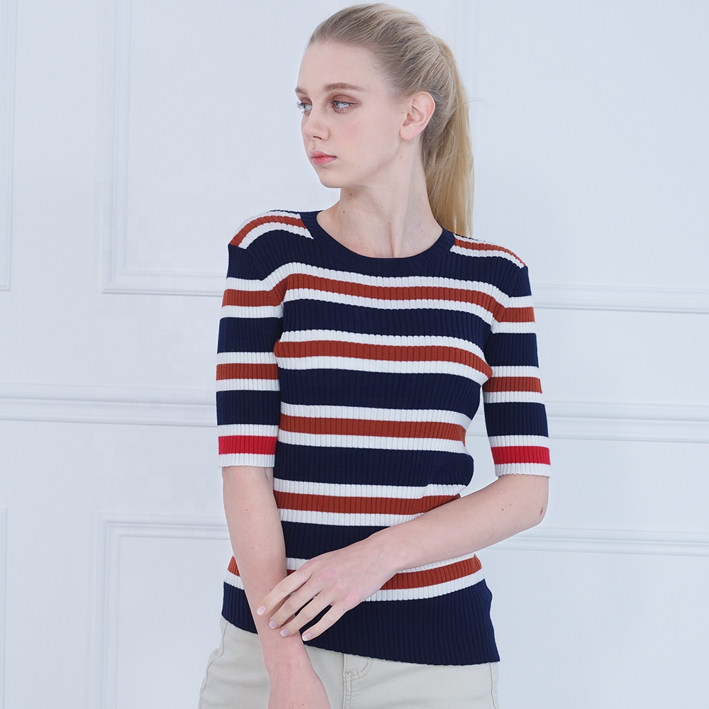 Spring Korean Women's Striped Round Neck Slim Five-point Sleeve Half Sleeve Wool Sweater