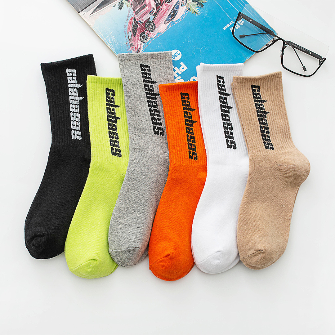 Unisex plain Men Cotton Streetwear Kanye West Ins Crew Socks Hip Hop Letter Calabasas Long Skateboard Socks