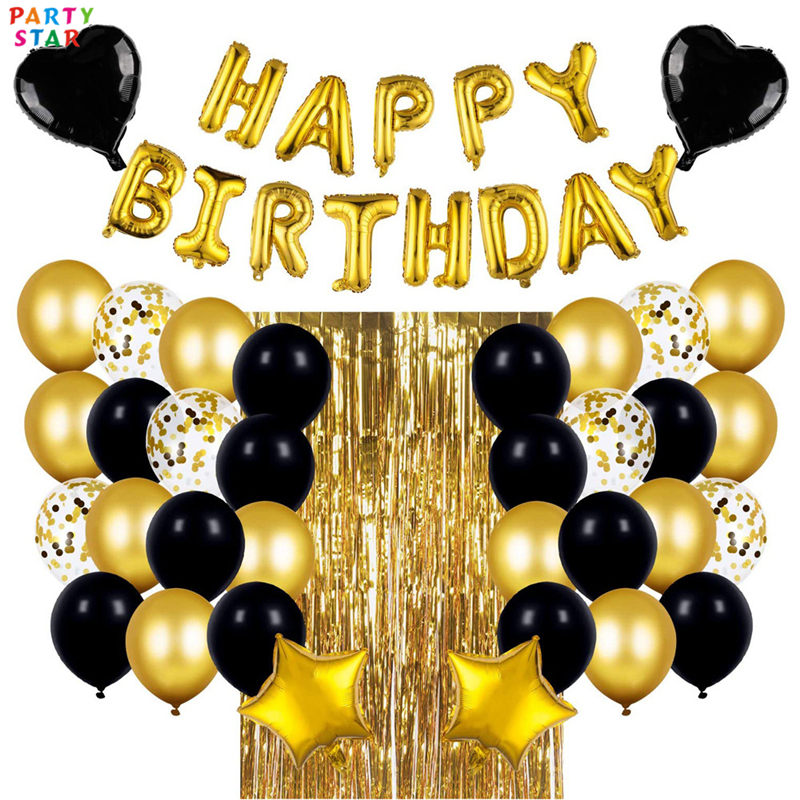 Black Gold Happy Birthday Balloon Banner And Confetti Latex Balloon Party Decoration Set