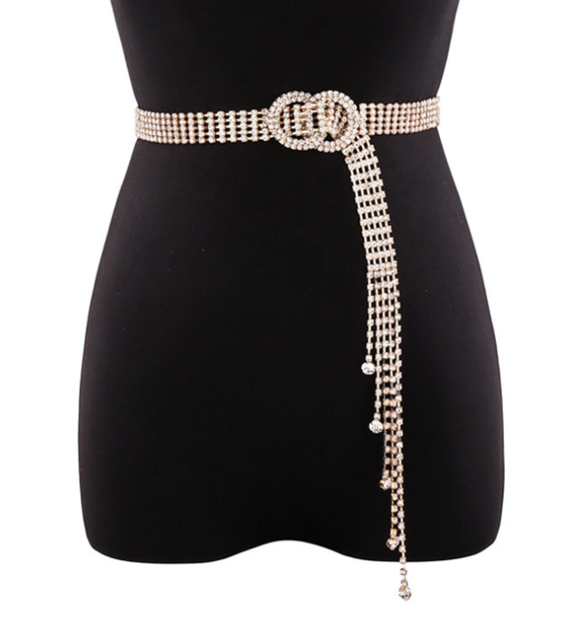 Shiny Rhinestone Fashion Crystal Ladies Double O-Ring Chian Waist Belt Women Diamond Belt for Jeans Dresses