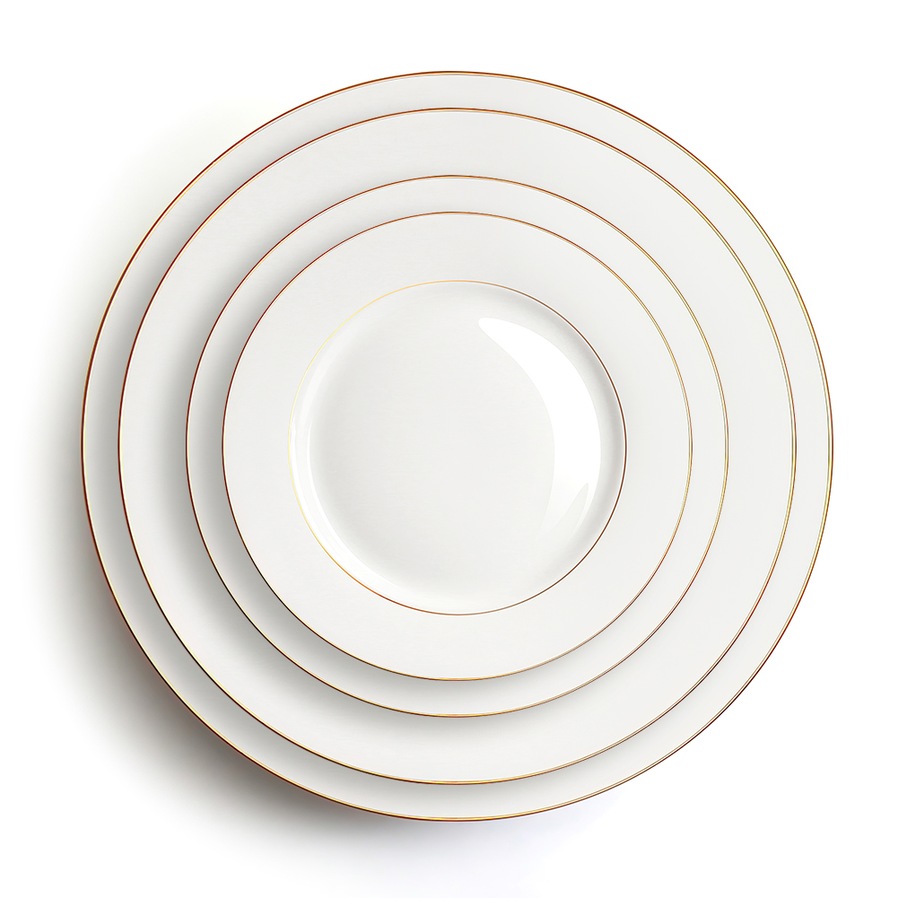 Gold Rim Charger Plates for Wedding Wholesales Fine Bone China Decorative Dishes Set White Dinner Table Plates with Gold Trim