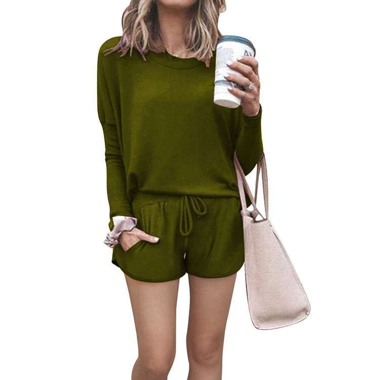 2021 Spring New Loose Solid Color Long-Sleeved Casual Suit Pajamas Plus Size Nightwear Shorts Set Cotton Sleepwear Set