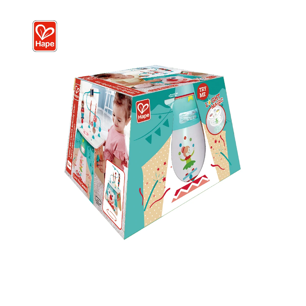 Hape Новый Дизайн Твердые геометрические строительные блоки Свет-вверх цирк деятельности куб Интеллект коробка для детей 18 м +