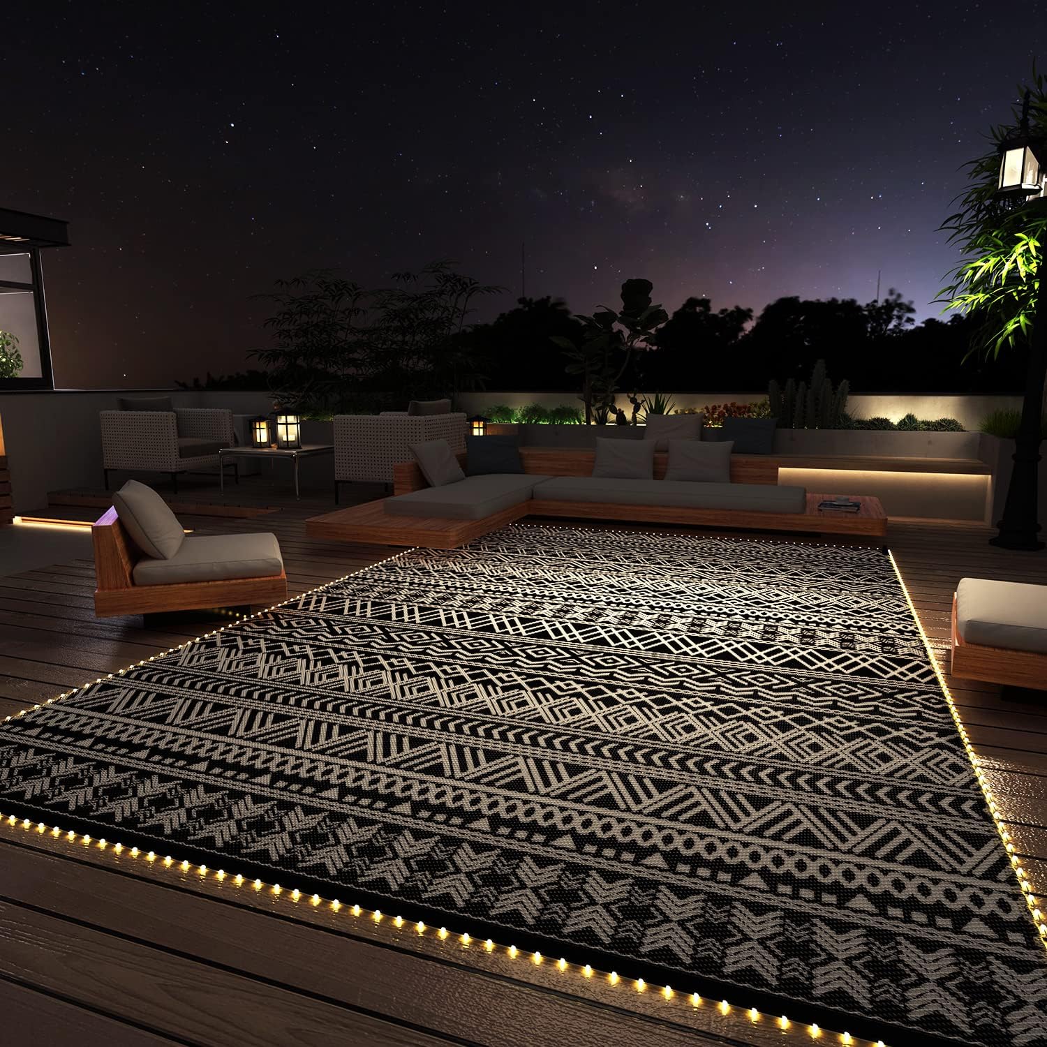 Outdoor Camping Mats Rugs Reversible Waterproof RV Deck Porch Plastic Rugs Led Illuminated Patio Mat