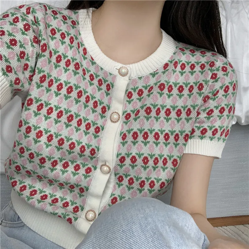 new design flower jacquard short sleeve crop knitwear cardigan cardigan for women