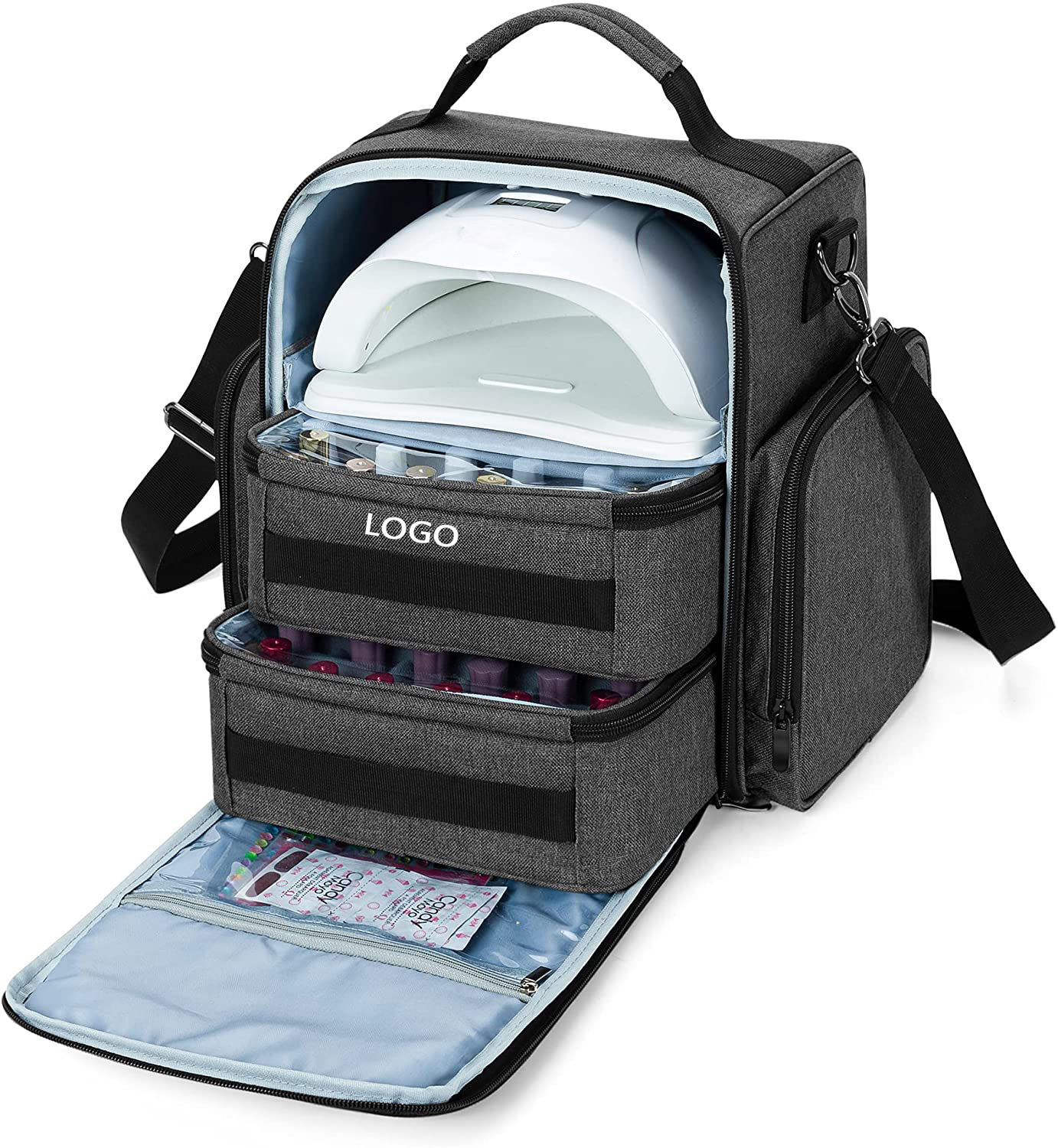 Custom Logo Cosmetic Bag Polyester Nylon Holds 48 Bottles Nail Polish Nail Lamp Organizer with 2 Removable Pouches Makeup Bags