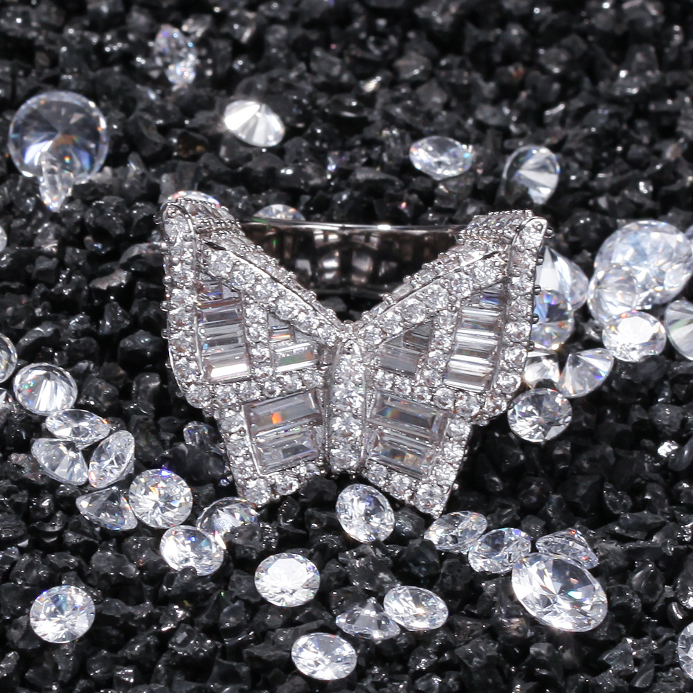 New style micro-inlaid big zircon butterfly ring fashion exaggerated gold-plated hip-hop ring
