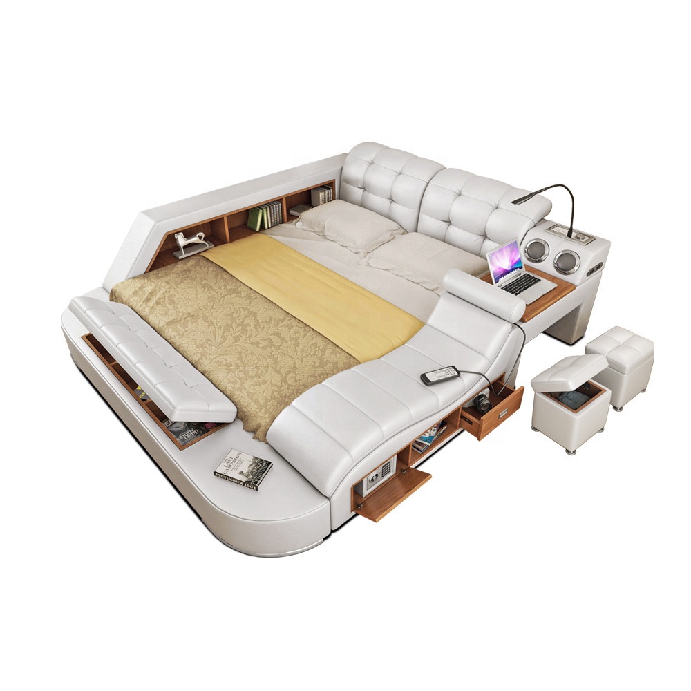 Modern design master bedroom smart bed speaker and massage Multi-functional leather bed