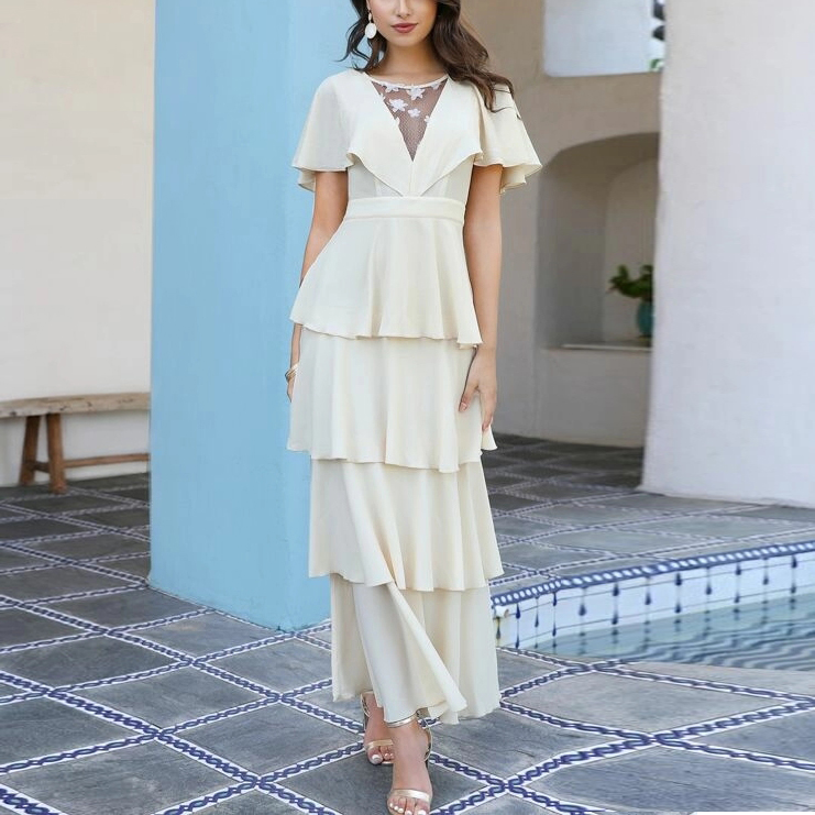 casual Women 3D Flower Applique Layered Ruffle Hem Bohemian maxi Dress