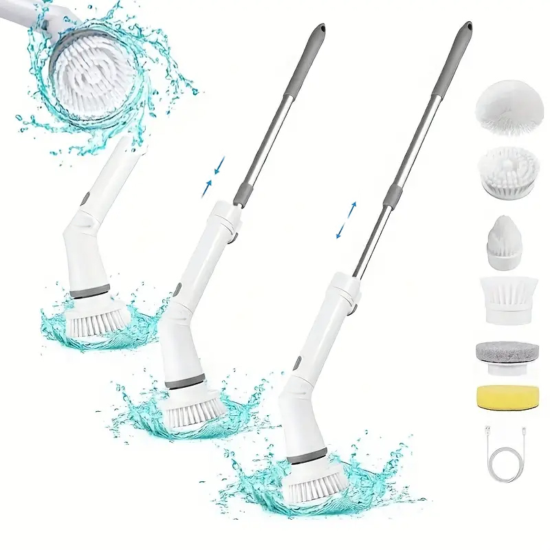 Electric Spin Scrubber With Adjustable Handle Cleaning Brush With 6 Replaceable Brush Heads Clean Brush for Household Cleaning