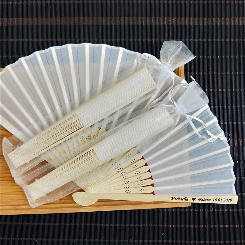 I AM YOUR FANS Factory Price 21CM 8inch Cheap Bamboo Handle White Silk Printing Bride Wedding Party Bamboo Fabric Hand Fan