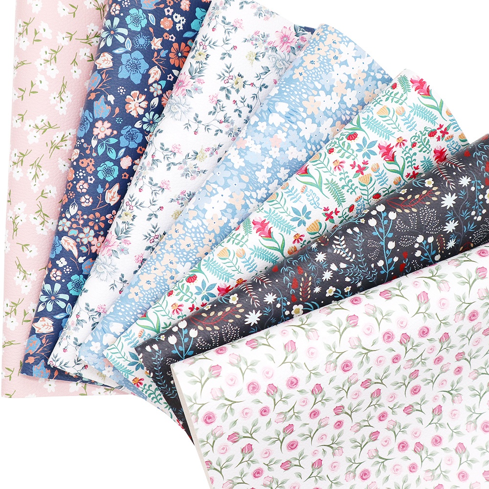 7PCS/Set Floral Printing Faux Synthetic Leather Fabric Sheets Printed Vinyl Leather Bundles for Bows Bags