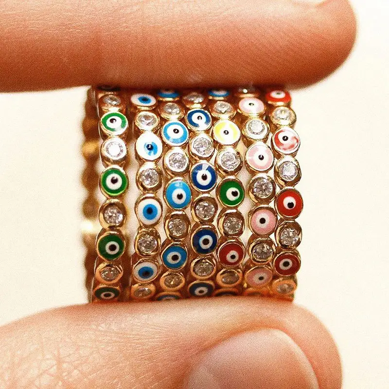 Fashion design bling diamond gold plated evil eye ring enamel ring turkish evil eye jewelry luxury ring for women 2022 trendy