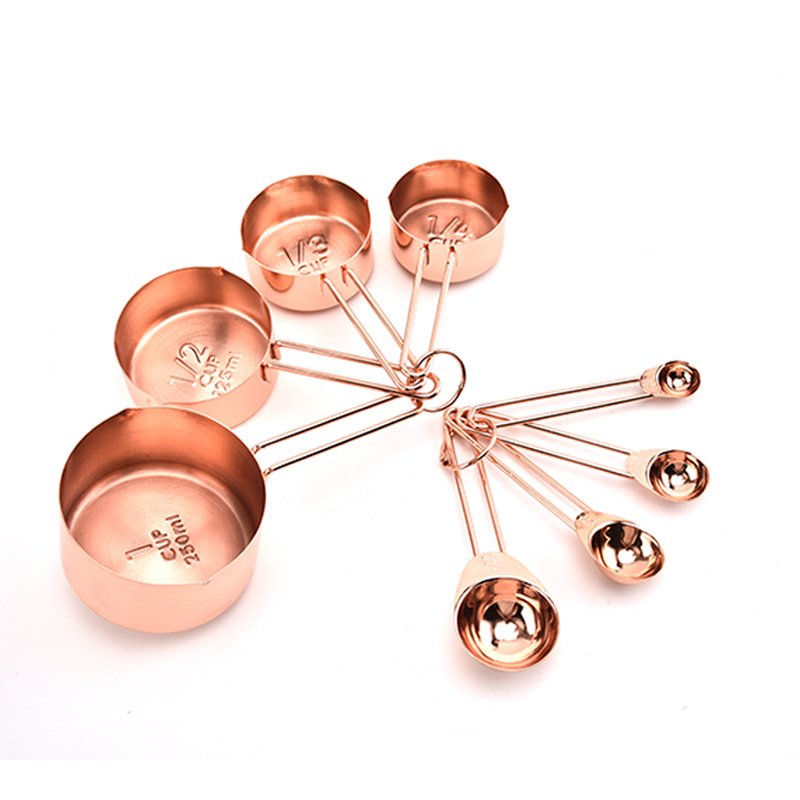 High Quality Mirror Stainless Steel Measuring Cups And Spoons 8 Pieces Set Rose Gold Metal Measuring Spoon