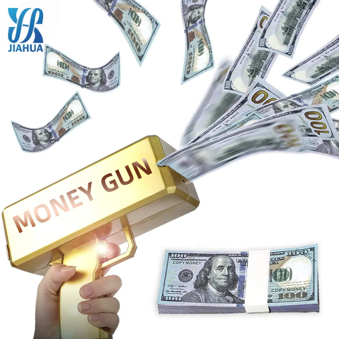2022 Gold Money Gun Make Cash Money Rain Dollar Bill Plastic Gun Box Shot Spread the Real Money Gold Gun Toy