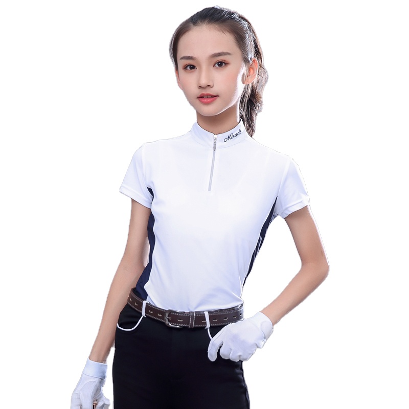 Stock Children Equestrian Short Sleeve Sun Shirt, Show Shirt White & Navy