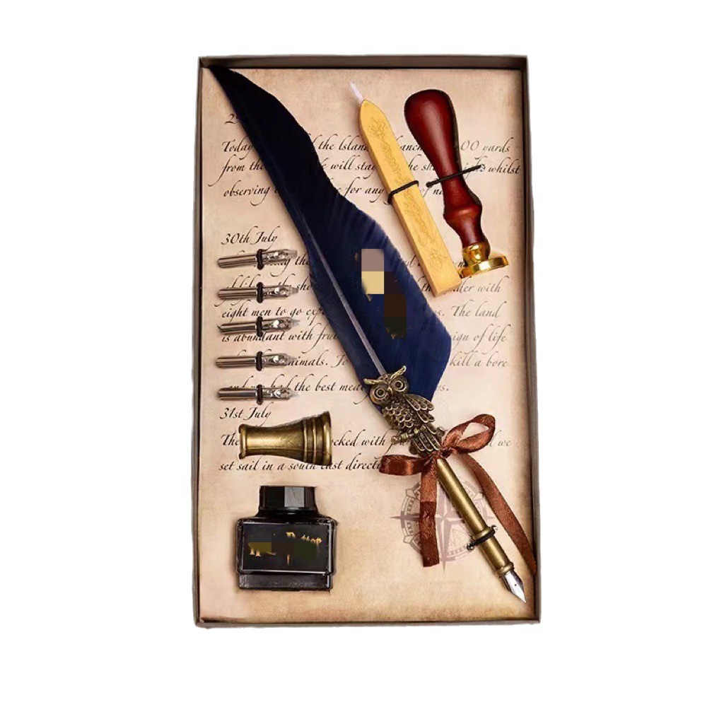EACAJESS Peacock Owl quill ink dip pen set writing antique vintage metal feather fountain Quill pen and ink set